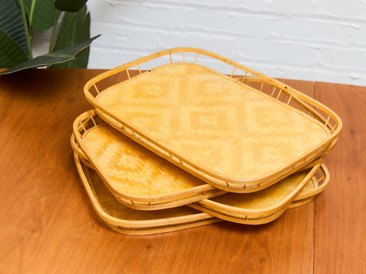 Vintage Bamboo and Wood Lap Tray 1980s Serving Tray Elegant Woven Design