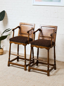 Vintage Wood Bar Stools with Upholstered Seats, Classic Transitional Pair