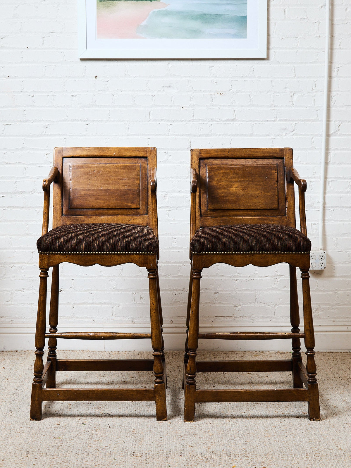 Vintage Wood Bar Stools with Upholstered Seats, Classic Transitional Pair
