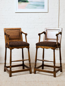 Vintage Wood Bar Stools with Upholstered Seats, Classic Transitional Pair