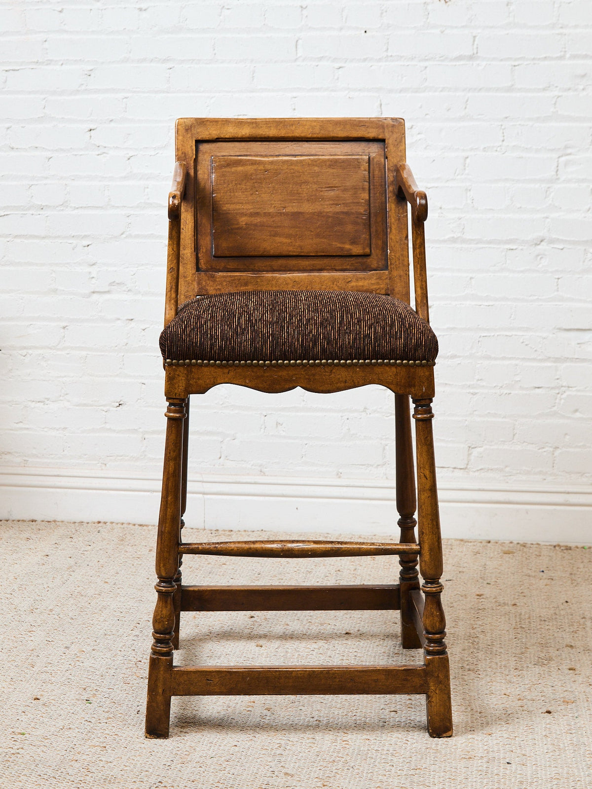 Vintage Wood Bar Stools with Upholstered Seats, Classic Transitional Pair