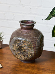 Red and Blue Reactive Glaze and Sand Finished Ceramic Vase