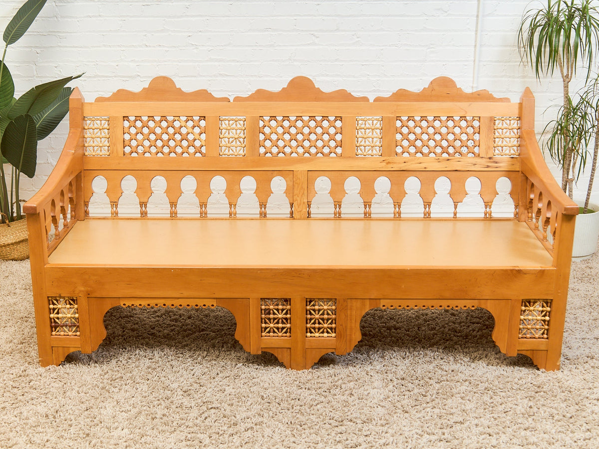 Beautiful Moroccan Unstained Hand Carved Wooden Sofa with Moucharabieh Paneling