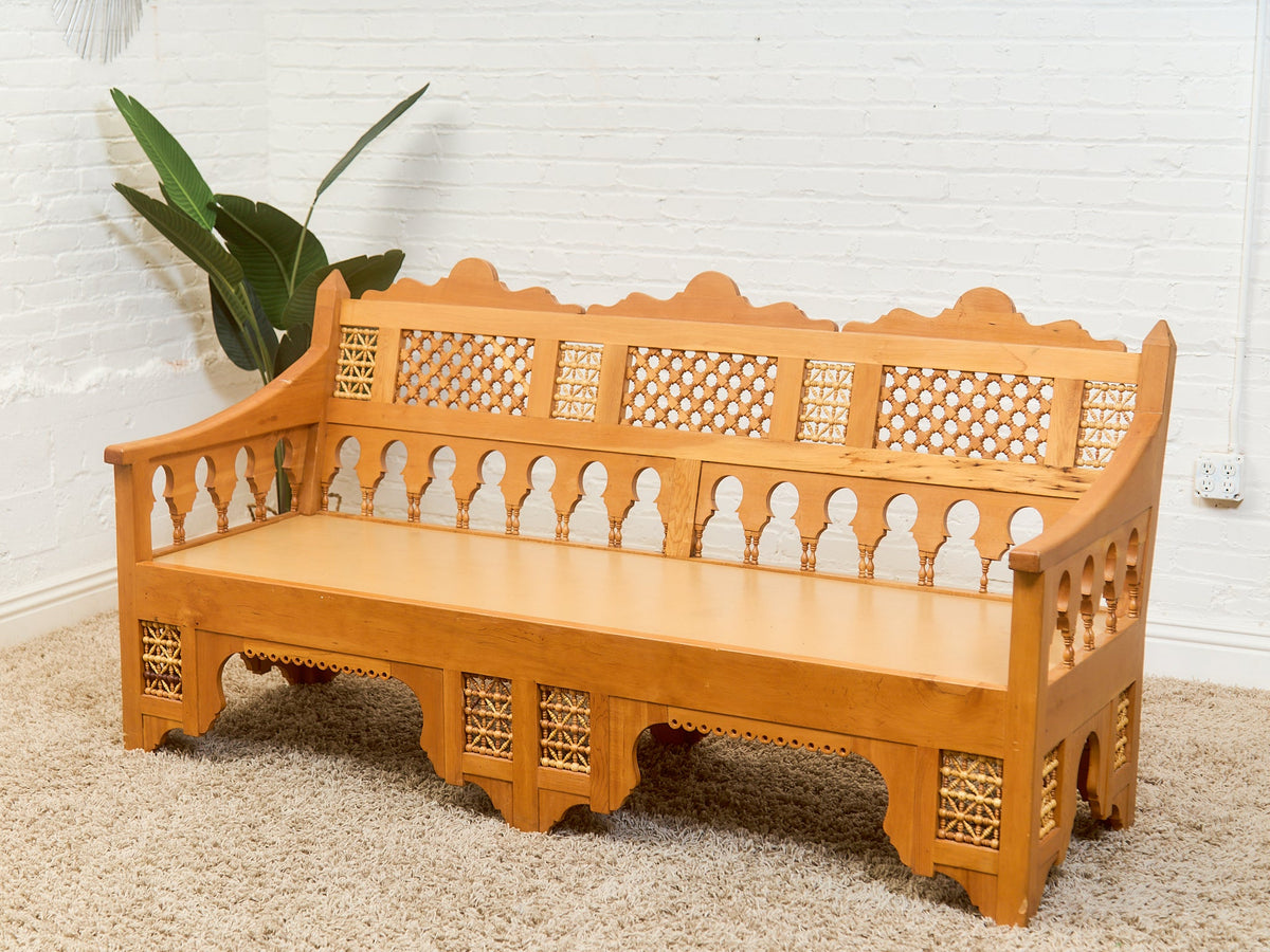 Beautiful Moroccan Unstained Hand Carved Wooden Sofa with Moucharabieh Paneling