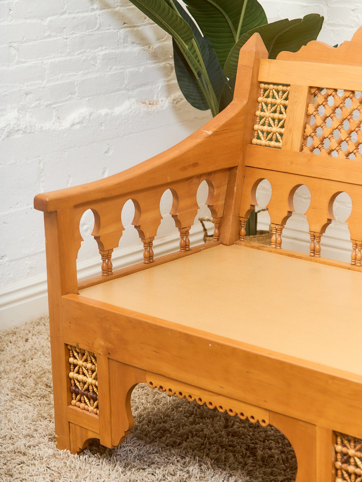 Beautiful Moroccan Unstained Hand Carved Wooden Sofa with Moucharabieh Paneling