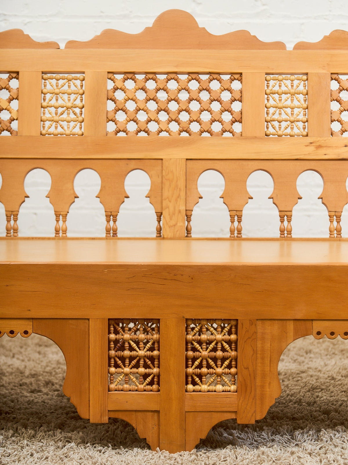 Beautiful Moroccan Unstained Hand Carved Wooden Sofa with Moucharabieh Paneling