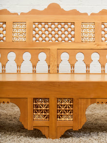Beautiful Moroccan Unstained Hand Carved Wooden Sofa with Moucharabieh Paneling