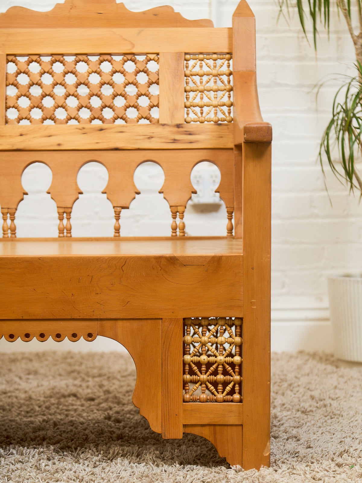 Beautiful Moroccan Unstained Hand Carved Wooden Sofa with Moucharabieh Paneling