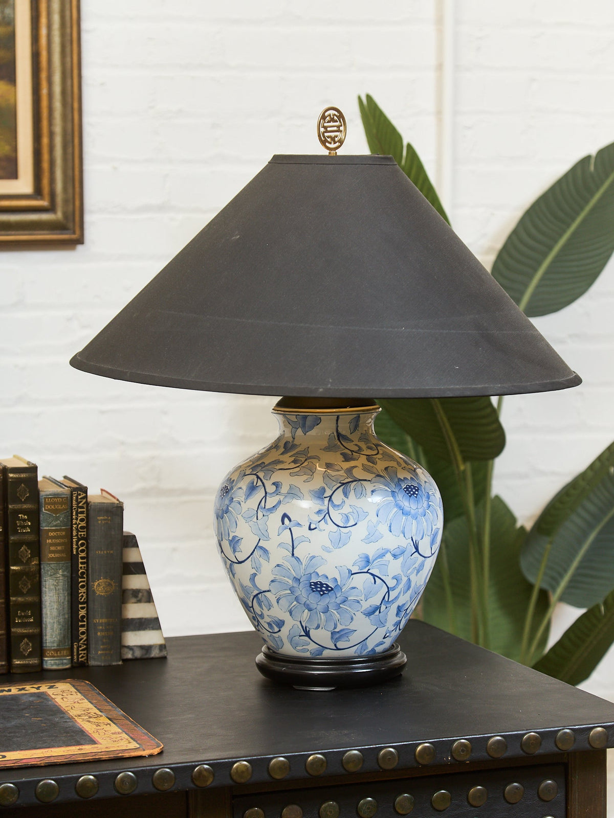 Blue and White Floral Ceramic Table Lamp with Charcoal Shade