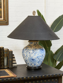 Blue and White Floral Ceramic Table Lamp with Charcoal Shade