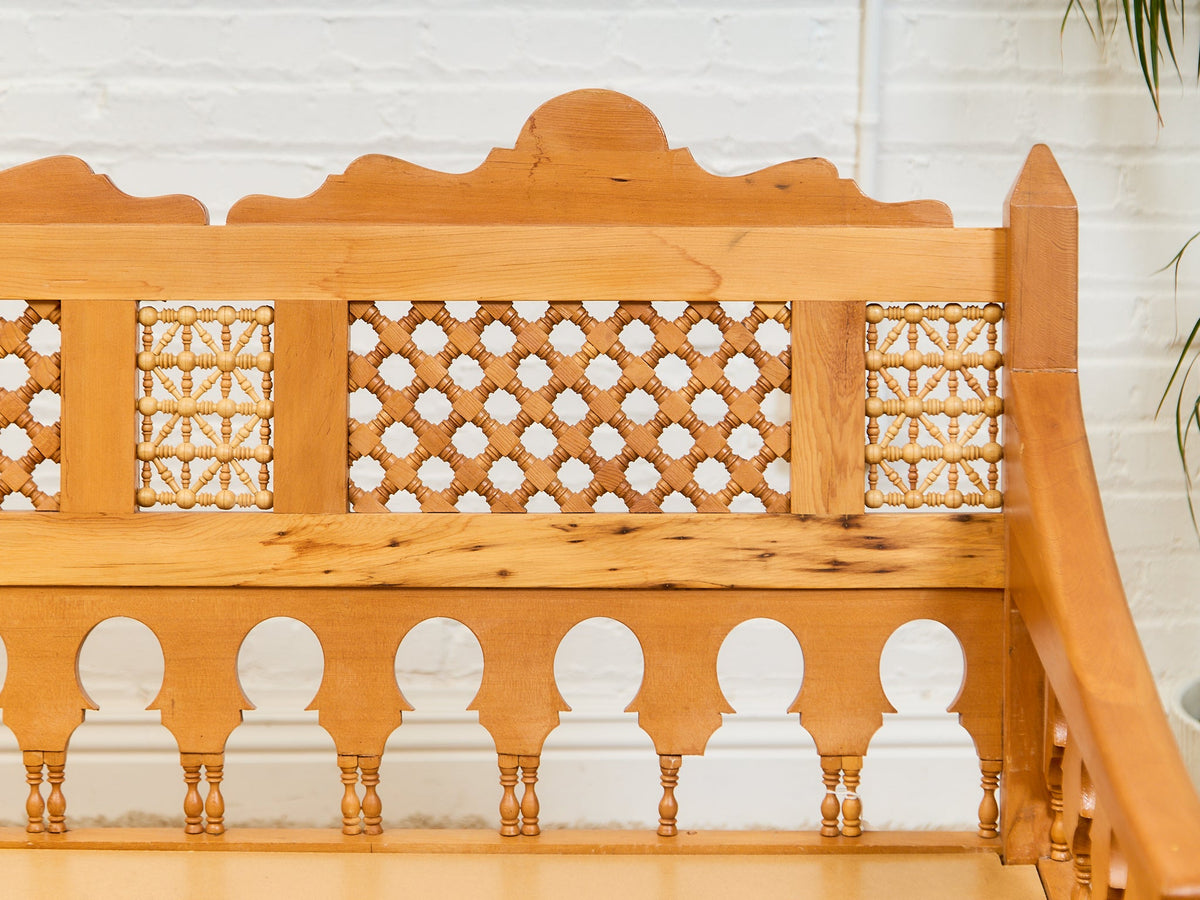 Beautiful Moroccan Unstained Hand Carved Wooden Sofa with Moucharabieh Paneling