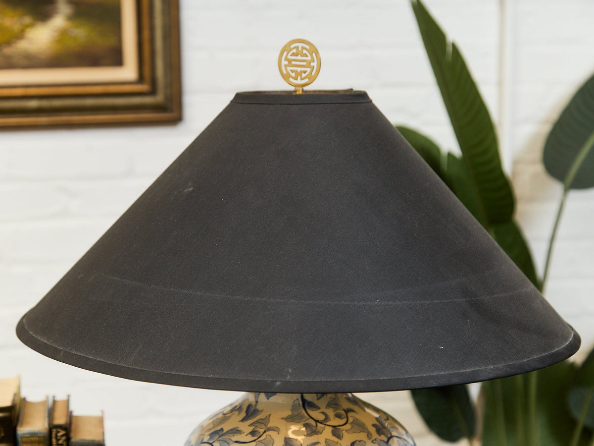 Blue and White Floral Ceramic Table Lamp with Charcoal Shade