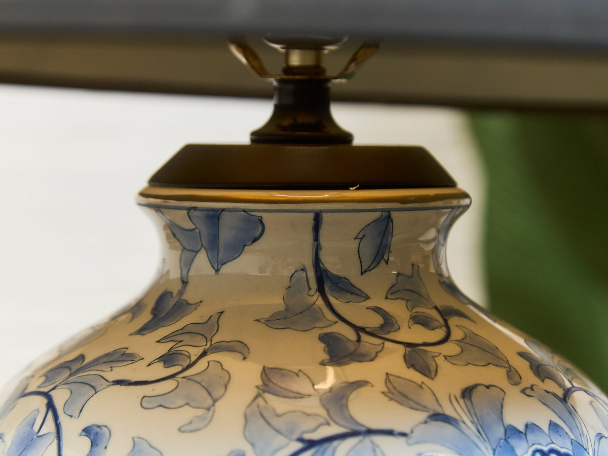 Blue and White Floral Ceramic Table Lamp with Charcoal Shade