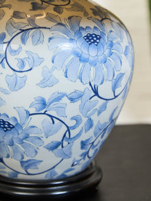 Blue and White Floral Ceramic Table Lamp with Charcoal Shade