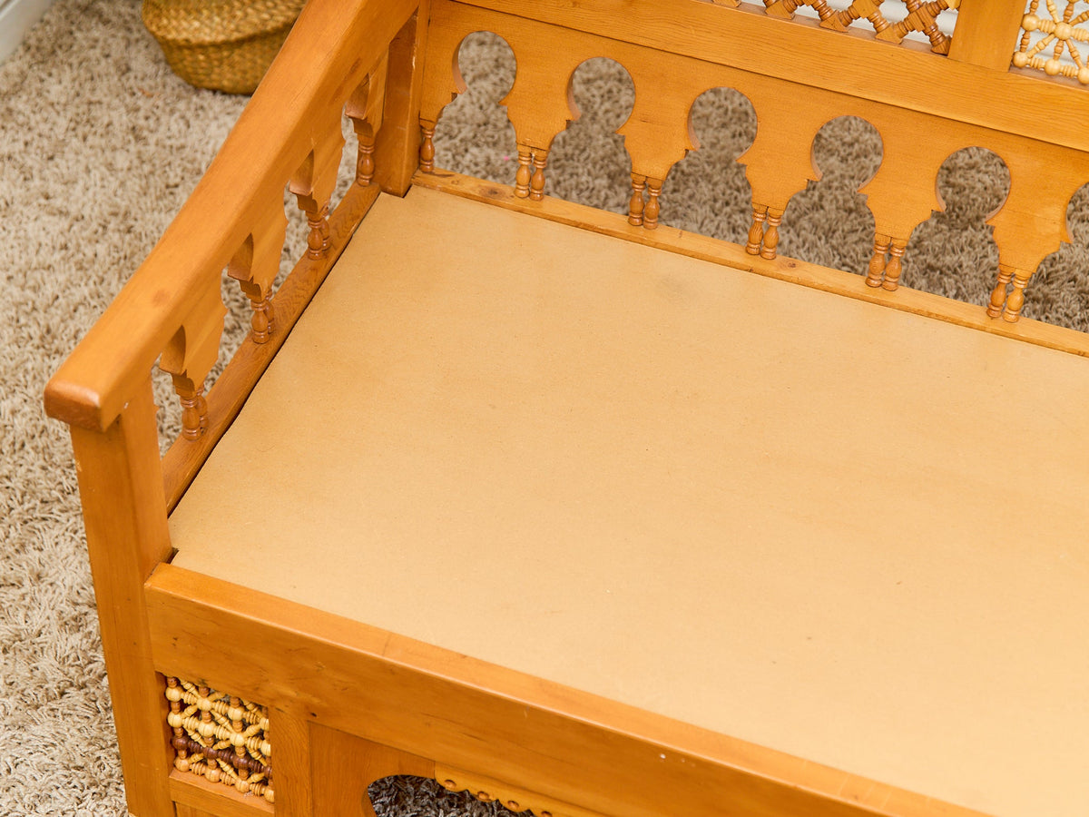 Beautiful Moroccan Unstained Hand Carved Wooden Sofa with Moucharabieh Paneling