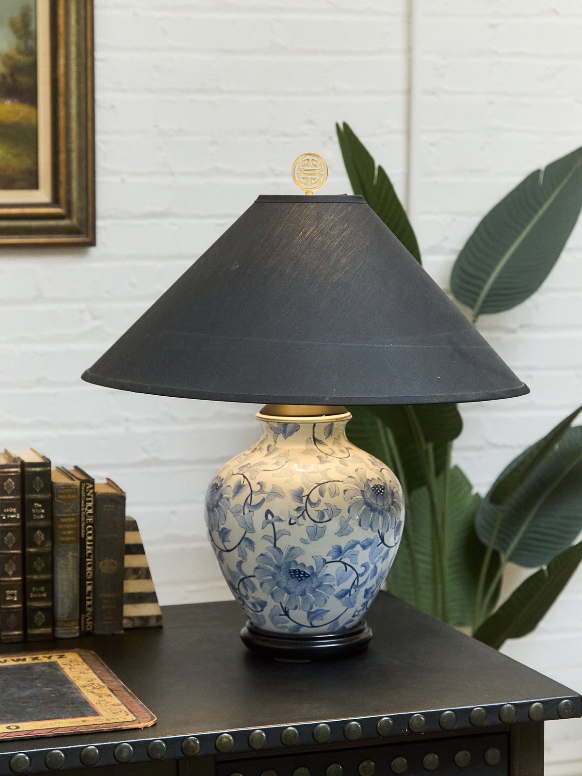 Blue and White Floral Ceramic Table Lamp with Charcoal Shade