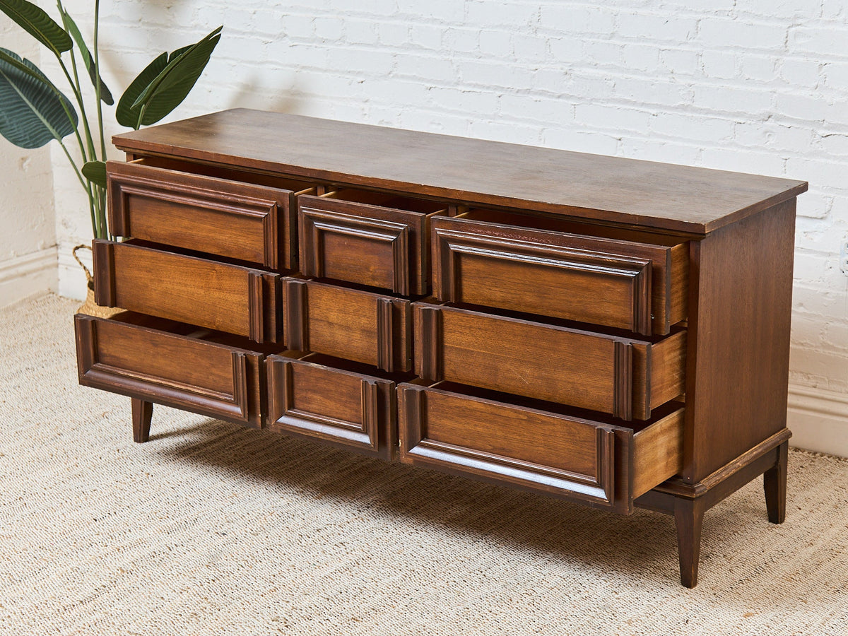 Vintage Mid-Century Framed Walnut 9-Drawer Dresser