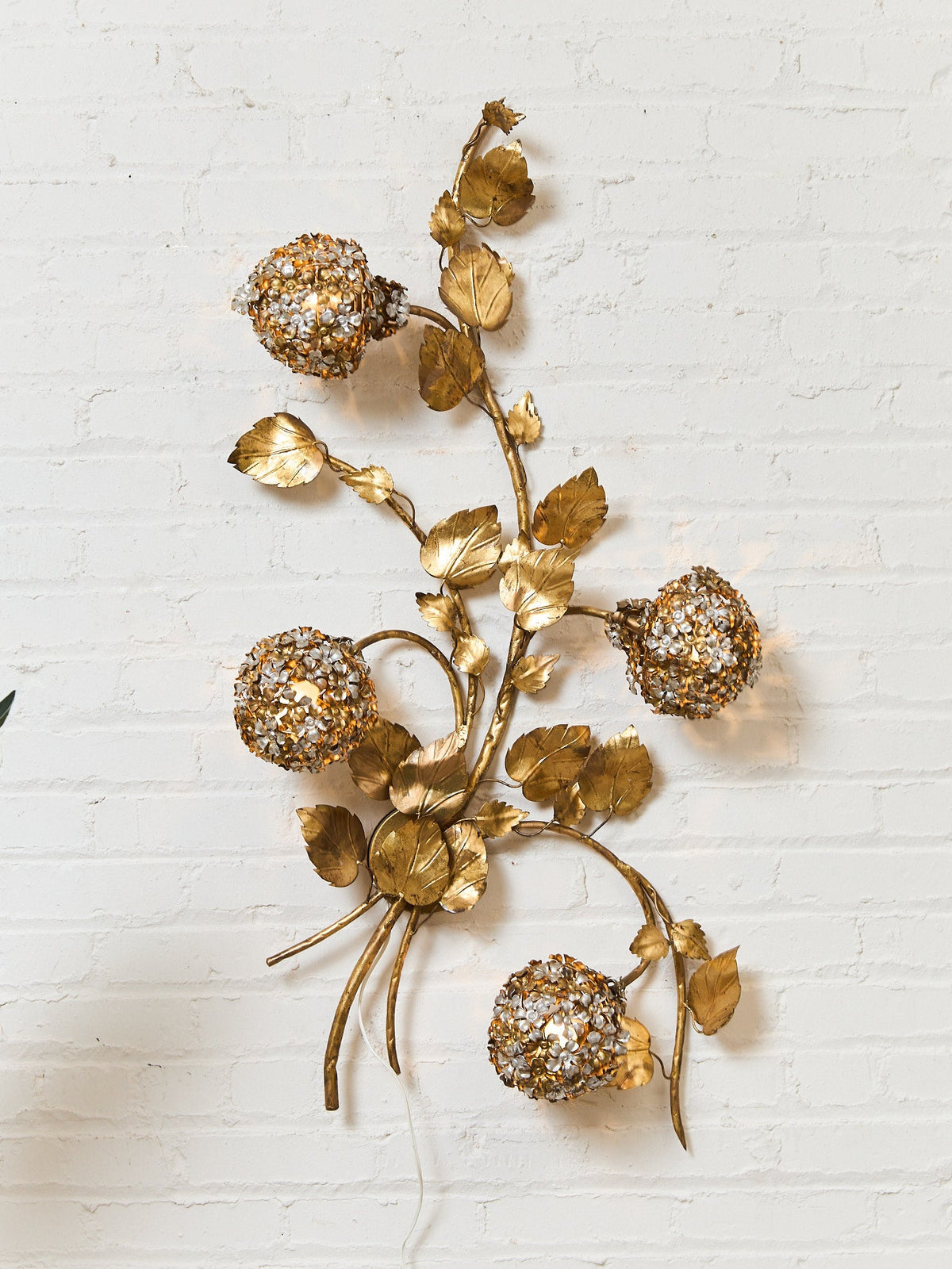 Midcentury Electric Tole Gold Gilt Sconce Leaf & Hydrangea Design Att. Hans Kogl