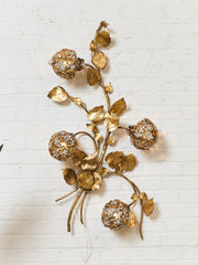 Midcentury Electric Tole Gold Gilt Sconce Leaf & Hydrangea Design Att. Hans Kogl