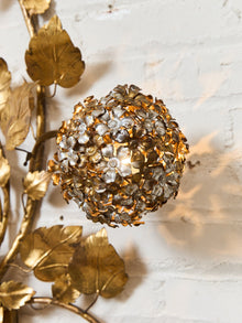 Midcentury Electric Tole Gold Gilt Sconce Leaf & Hydrangea Design Att. Hans Kogl