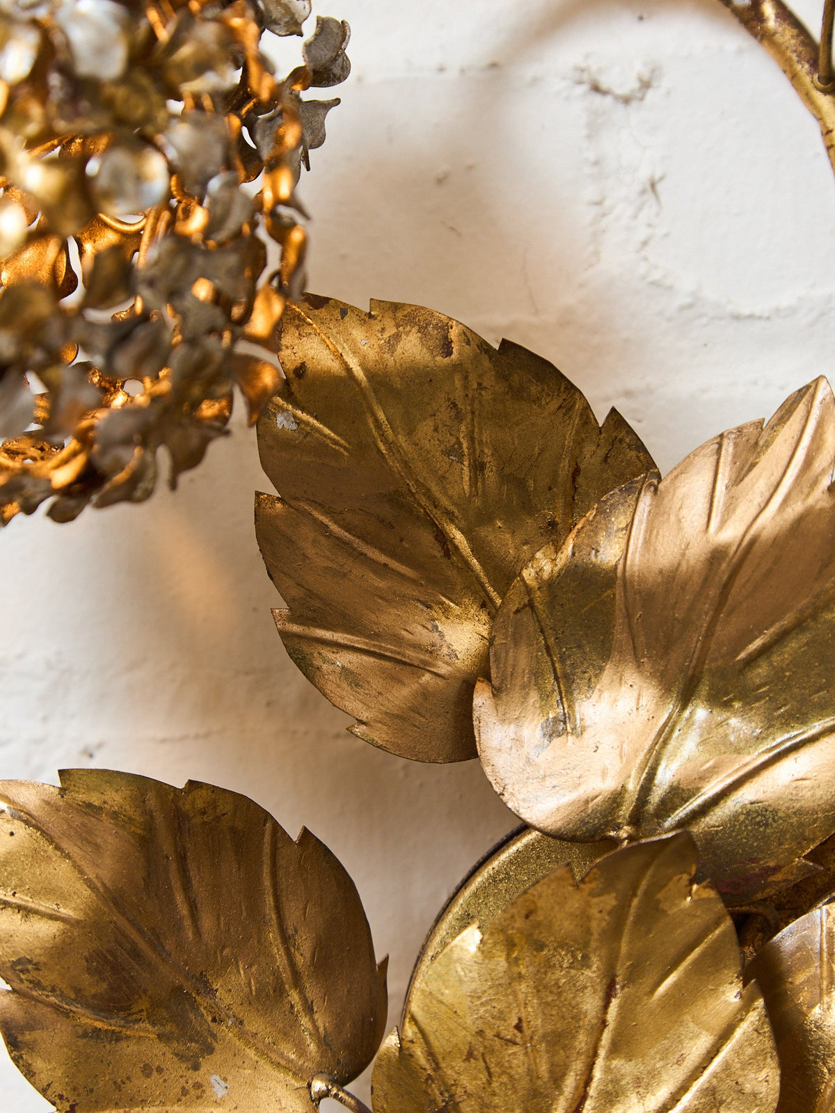 Midcentury Electric Tole Gold Gilt Sconce Leaf & Hydrangea Design Att. Hans Kogl