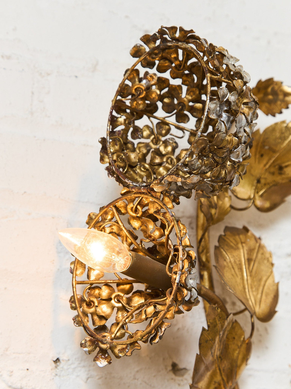 Midcentury Electric Tole Gold Gilt Sconce Leaf & Hydrangea Design Att. Hans Kogl