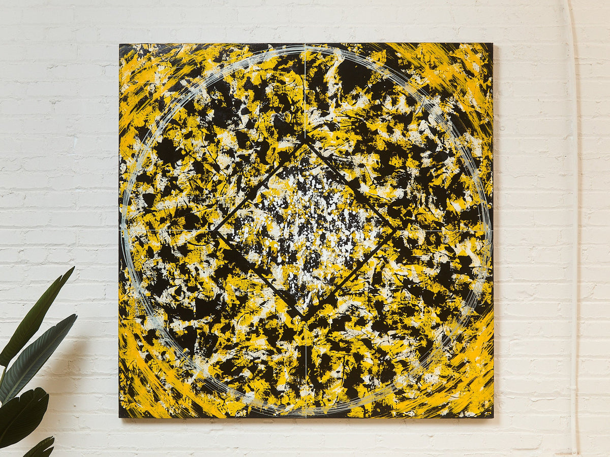 Geometric Acrylic Abstract Mandala museum Painting in Yellow by Gerald Campbell