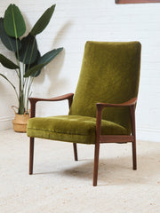 Solid Teak Westnofa Norway Olive Green Mohair Lounge Chair