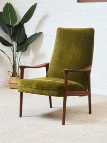 Solid Teak Westnofa Norway Olive Green Mohair Lounge Chair