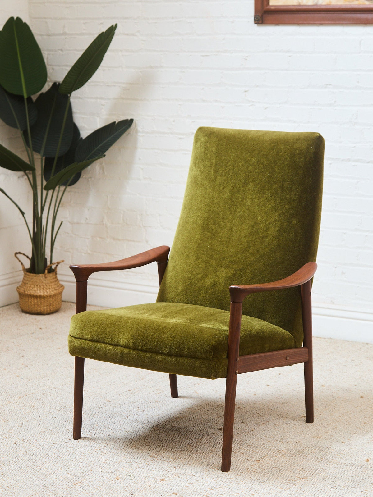 Solid Teak Westnofa Norway Olive Green Mohair Lounge Chair