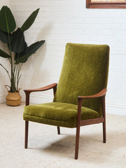 Solid Teak Westnofa Norway Olive Green Mohair Lounge Chair
