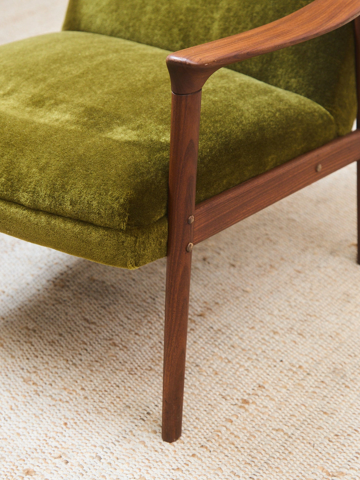 Solid Teak Westnofa Norway Olive Green Mohair Lounge Chair