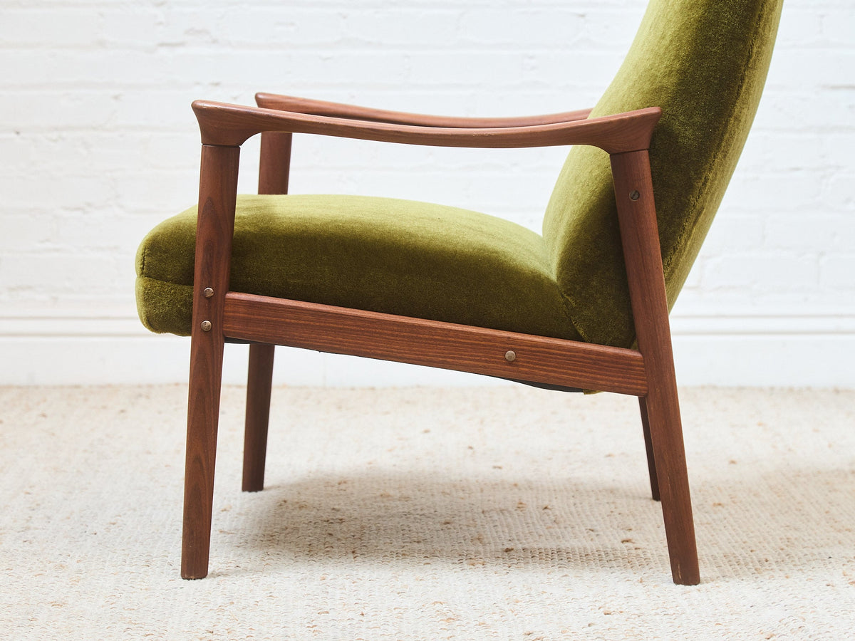 Solid Teak Westnofa Norway Olive Green Mohair Lounge Chair