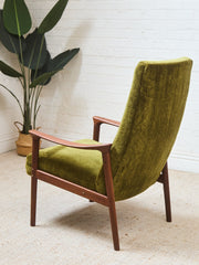 Solid Teak Westnofa Norway Olive Green Mohair Lounge Chair