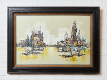 Mid-Century Modern Oil Painting featuring an abstract cityscape skyline Signed Art by Marty Dueng
