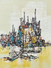 Mid-Century Modern Oil Painting featuring an abstract cityscape skyline Signed Art by Marty Dueng
