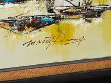 Mid-Century Modern Oil Painting featuring an abstract cityscape skyline Signed Art by Marty Dueng