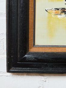 Mid-Century Modern Oil Painting featuring an abstract cityscape skyline Signed Art by Marty Dueng