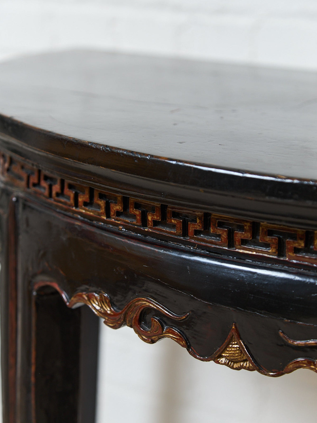 Antique Chinese Black Lacquer Demi-Lune Console Table