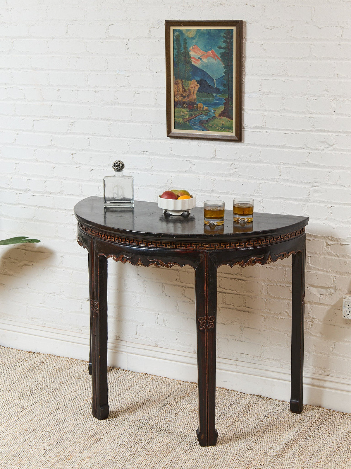 Antique Chinese Black Lacquer Demi-Lune Console Table