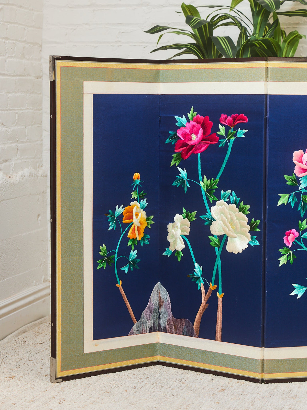 Korean Asian Large 8-Panel Silk Embroidered Peacock Bird Butterfly Screen, 1900s