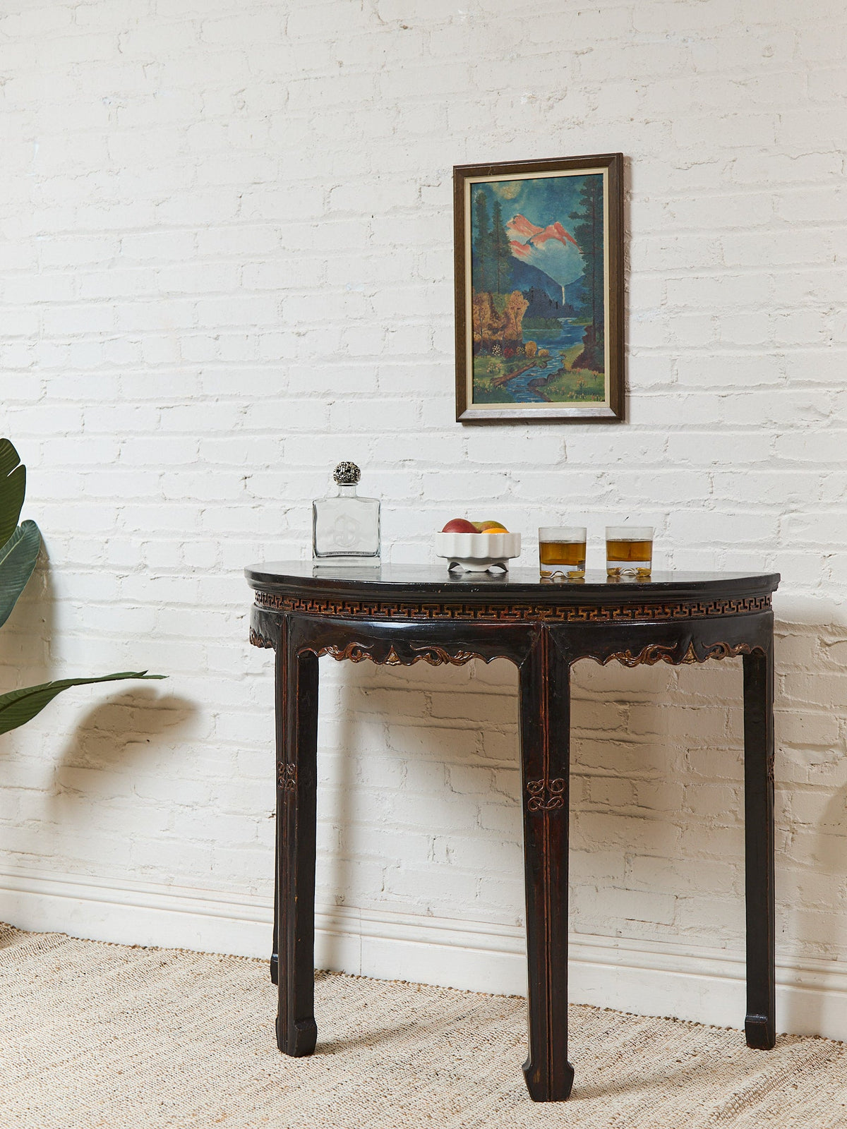 Antique Chinese Black Lacquer Demi-Lune Console Table