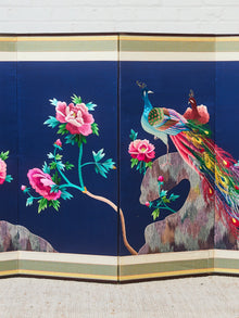 Korean Asian Large 8-Panel Silk Embroidered Peacock Bird Butterfly Screen, 1900s