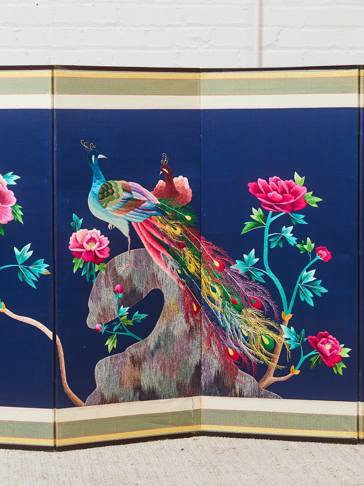 Korean Asian Large 8-Panel Silk Embroidered Peacock Bird Butterfly Screen, 1900s