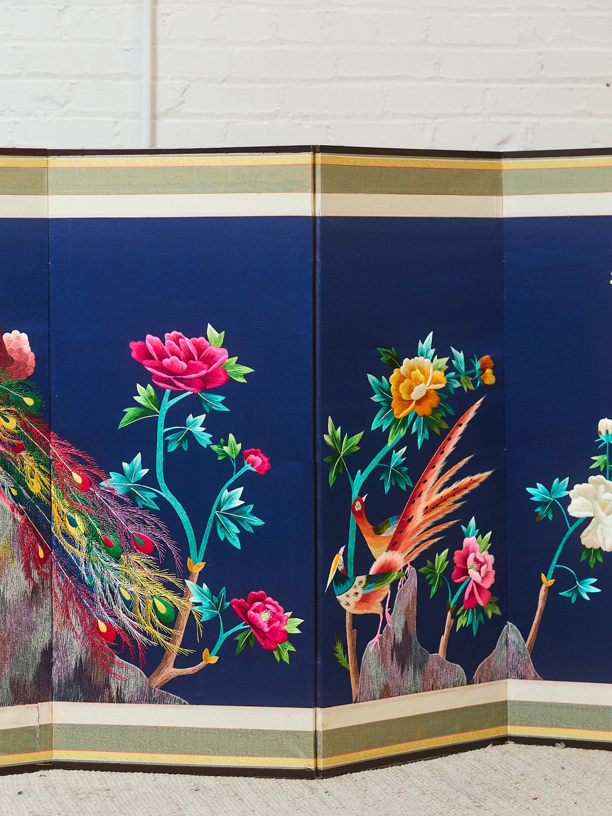 Korean Asian Large 8-Panel Silk Embroidered Peacock Bird Butterfly Screen, 1900s