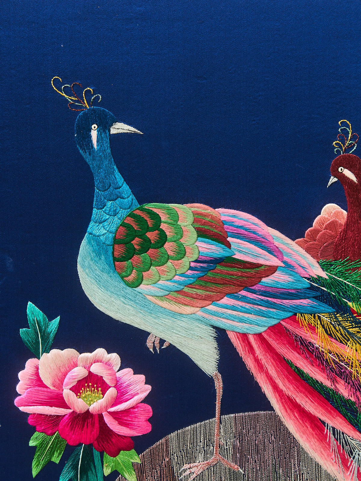 Korean Asian Large 8-Panel Silk Embroidered Peacock Bird Butterfly Screen, 1900s