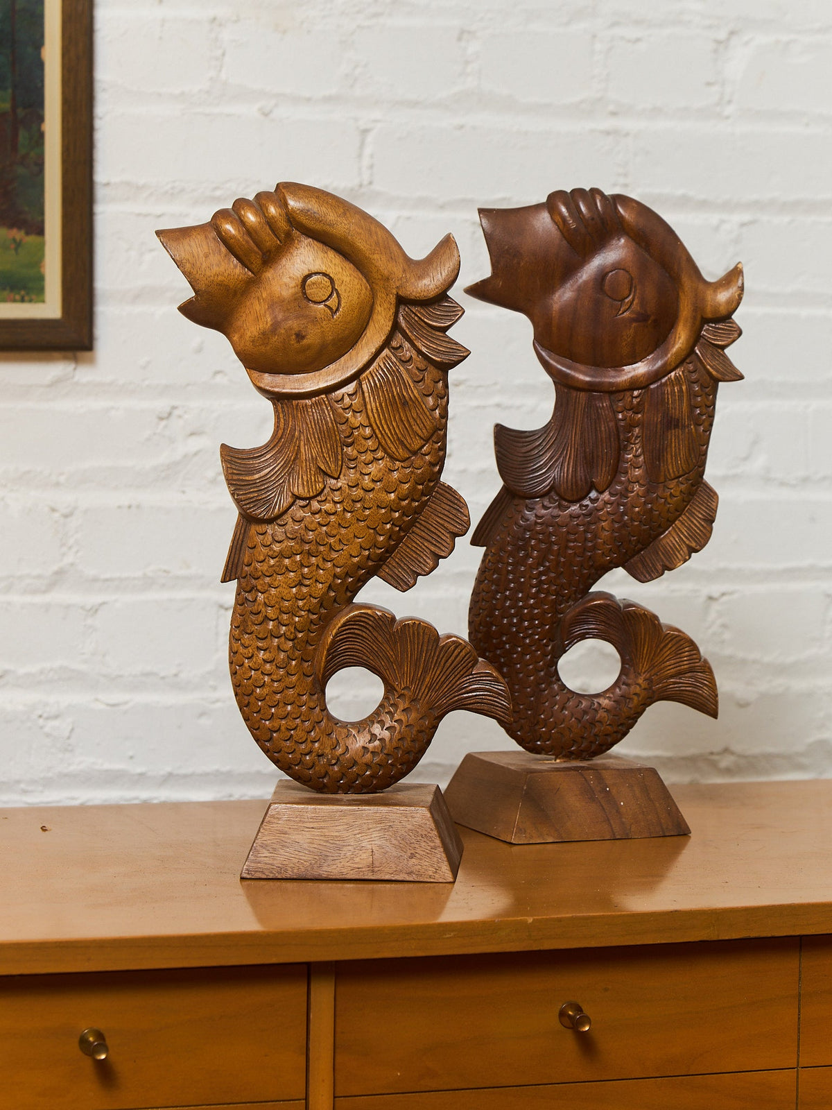 Vintage Teak Koi Carved Sculpture