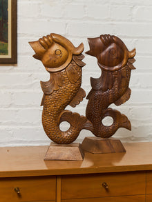 Vintage Teak Koi Carved Sculpture