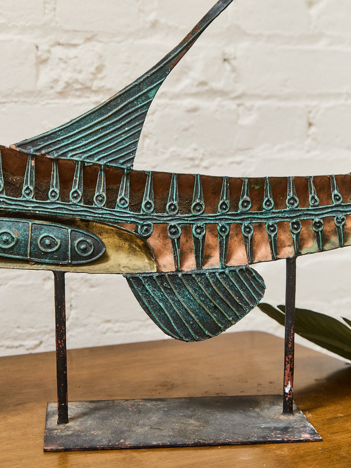 Brutalist Patinated Metal Fish Wall Sculpture 1970s Statement Piece