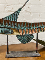 Brutalist Patinated Metal Fish Wall Sculpture 1970s Statement Piece